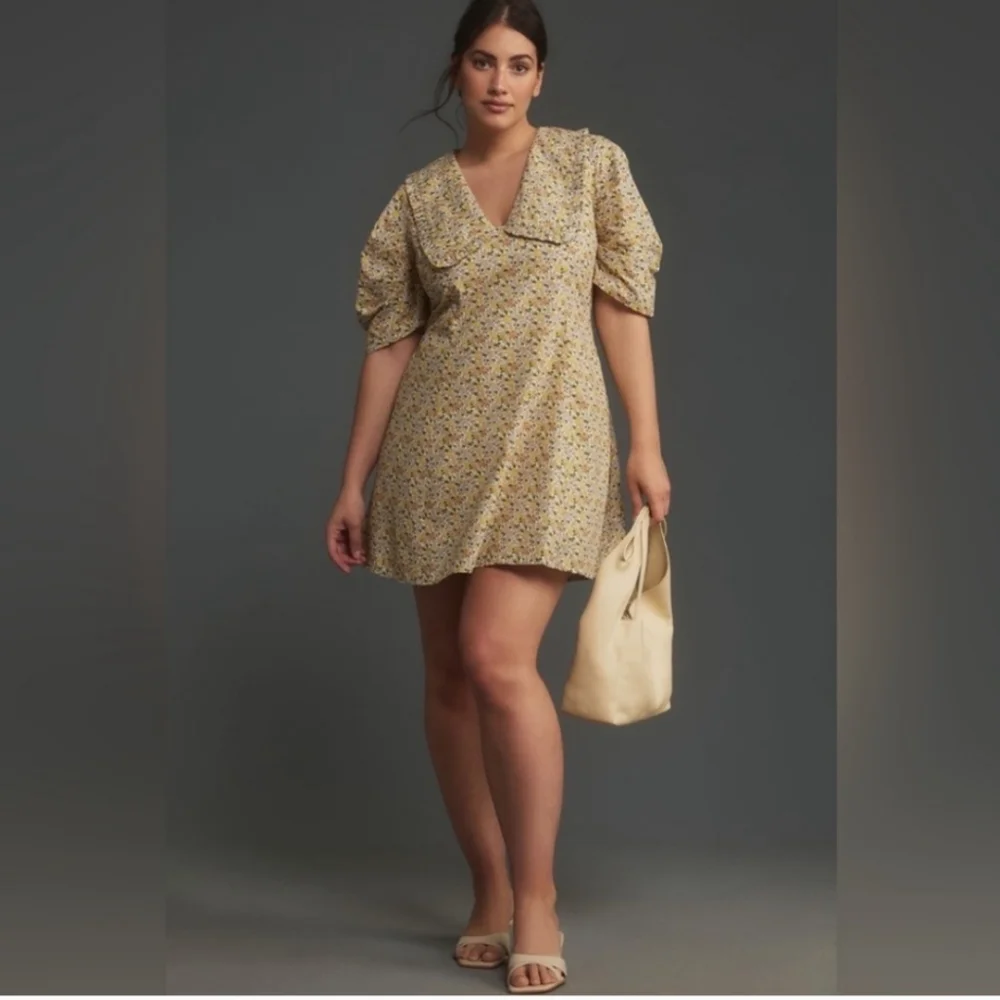 Anthropologie Yellow Lightweight Floral Cotton Collared Puff Sleeve Mini Dress - Picture 2 of 16